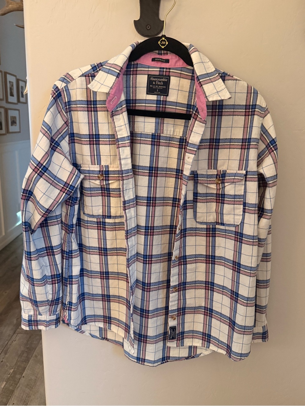 Abercrombie & Fitch White Plaid Button-Up Shirt with Blue & Pink Accents